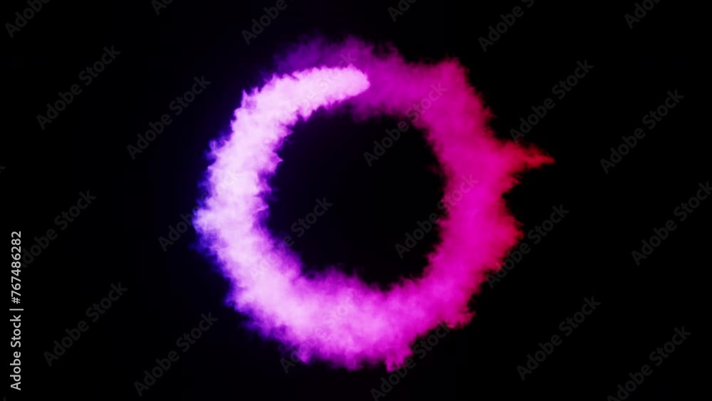 Pink dusty ring loop on a black background 3D render. Pattern of colored smoke with randomly flying particles. Spiral smoky particles VJ disco. Round fire frame overlay as design element Pink dusty ring loop on a black background 3D render. Pattern of colored smoke with randomly flying particles. Spiral smoky particles VJ disco. Round fire frame overlay as design element