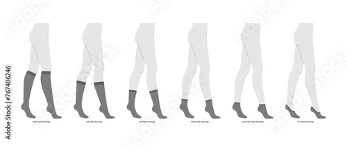 Set of stocking hosiery low cut, ankle, mid calf, over knee high length hose. Fashion accessory clothing technical illustration. Vector for Men, women, unisex style, flat isolated on white background