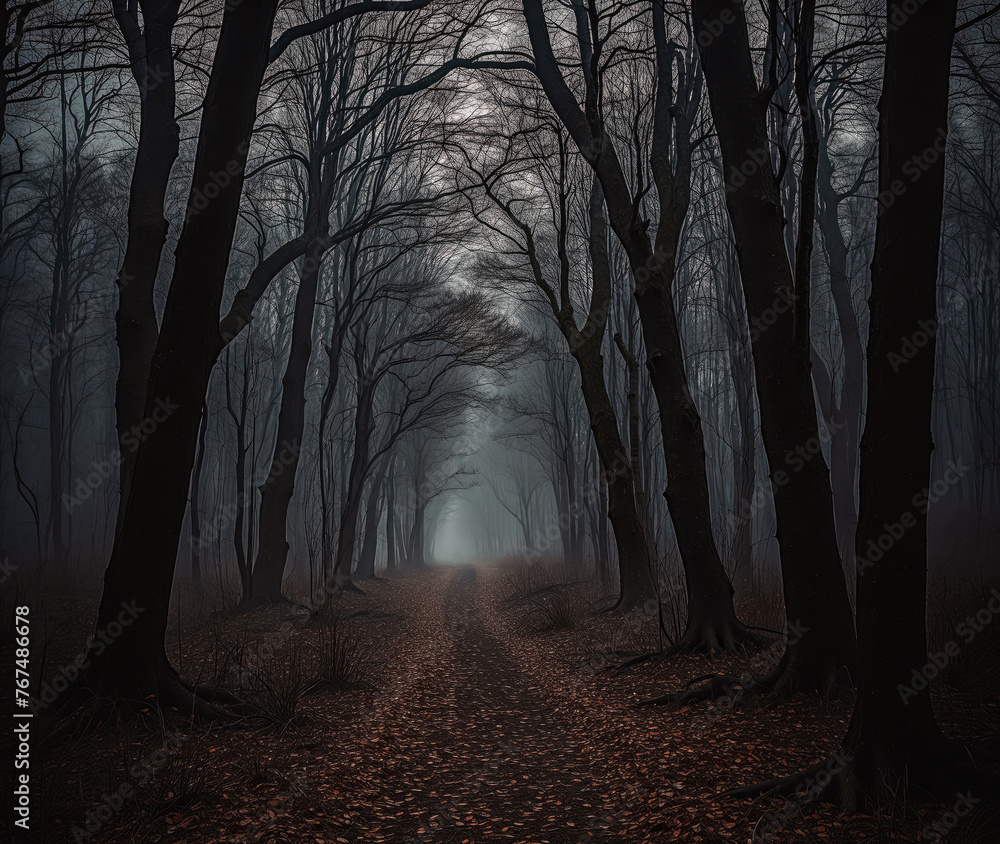 Path through the foggy and dark forest, Nature wallpaper. Generative ai