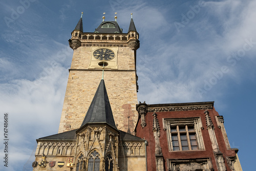 Photography Orloj Tower in Old Town square. City Hall in Prague