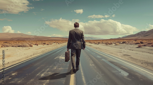 businessman walking on an empty road on a long journey photo