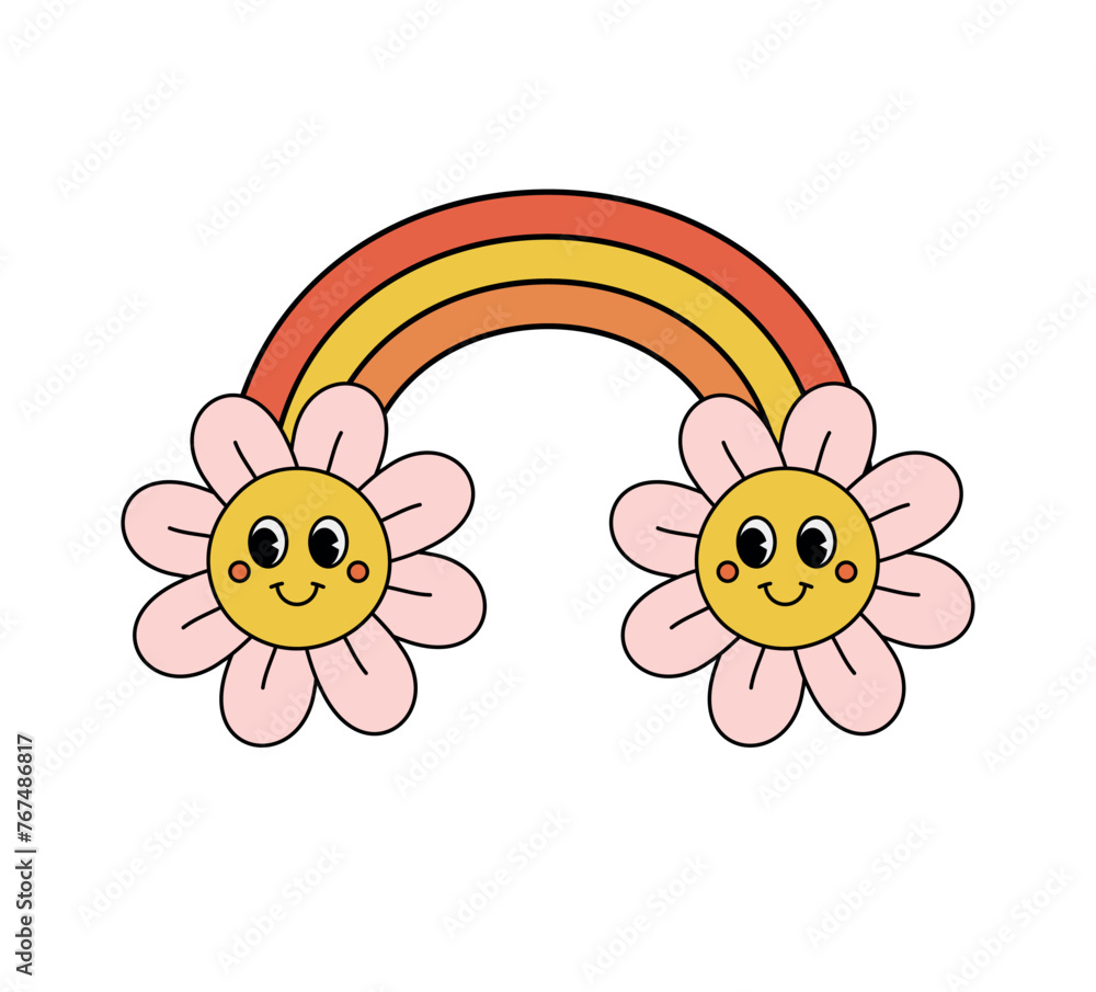 Vector groovy retro cartoon rainbow with flowers isolated on white background