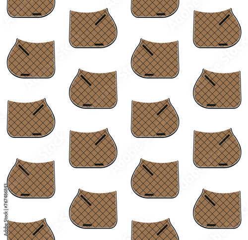 Vector seamless pattern of flat horse equestrian saddle pad isolated on white background