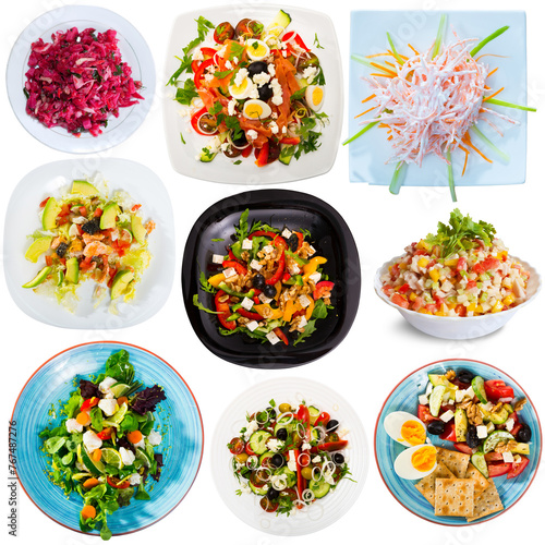 Collage of different tempting salads isolated on white background..