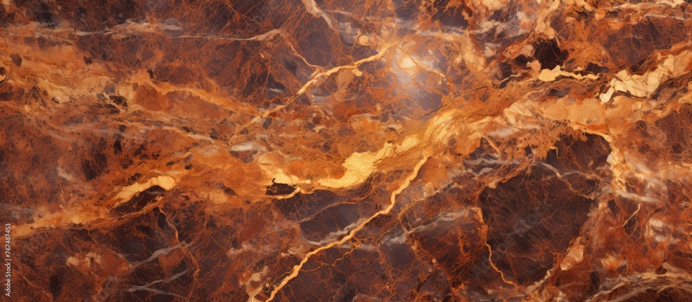 A detailed shot showcasing the intricate patterns of a brown and gold marble texture, resembling a natural landscape painted by heat and water
