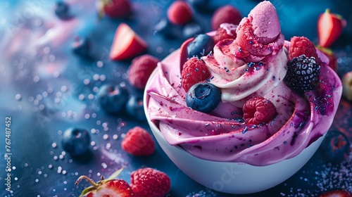 Frozen yogurt swirling among a cosmic array of fruits and toppings in a galaxy themed setting photo