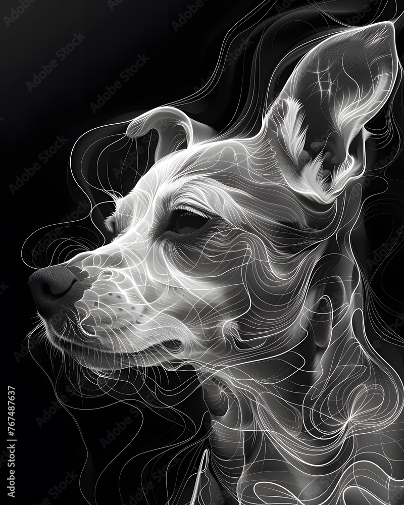 Artistic photo of a smoke dog, showcasing its whiskers and jaws in the darkness