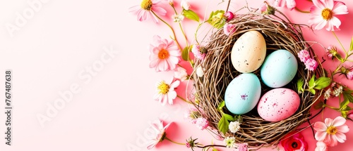 Bird nest with colorful eggs on pink background