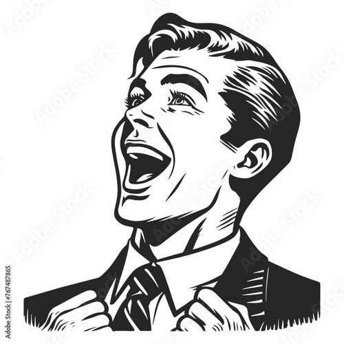 Ecstatic overjoyed happy businessman, vintage classic retro style. Gentleman sketch engraving generative ai fictional character vector illustration. Scratch board imitation.