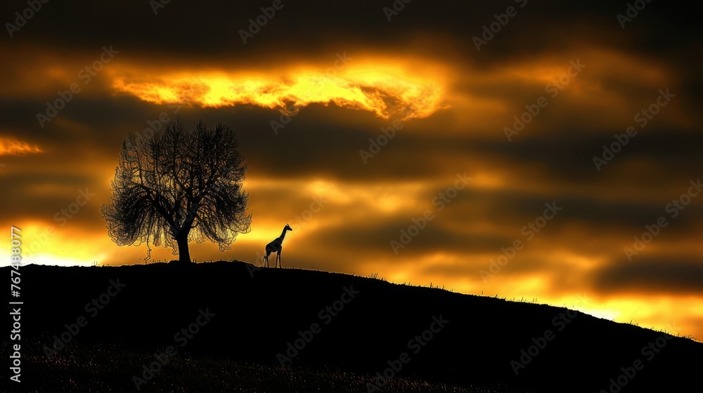  a giraffe standing next to a tree on a hill under a cloudy sky with a lone tree in the foreground.