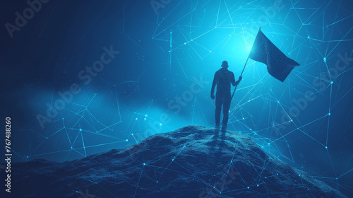 man climbing to the top. Digital vector wireframe of human holding flag in dark blue. Career or personal growth concept. Low poly monochrome mesh with connected dots, lines and shapes.