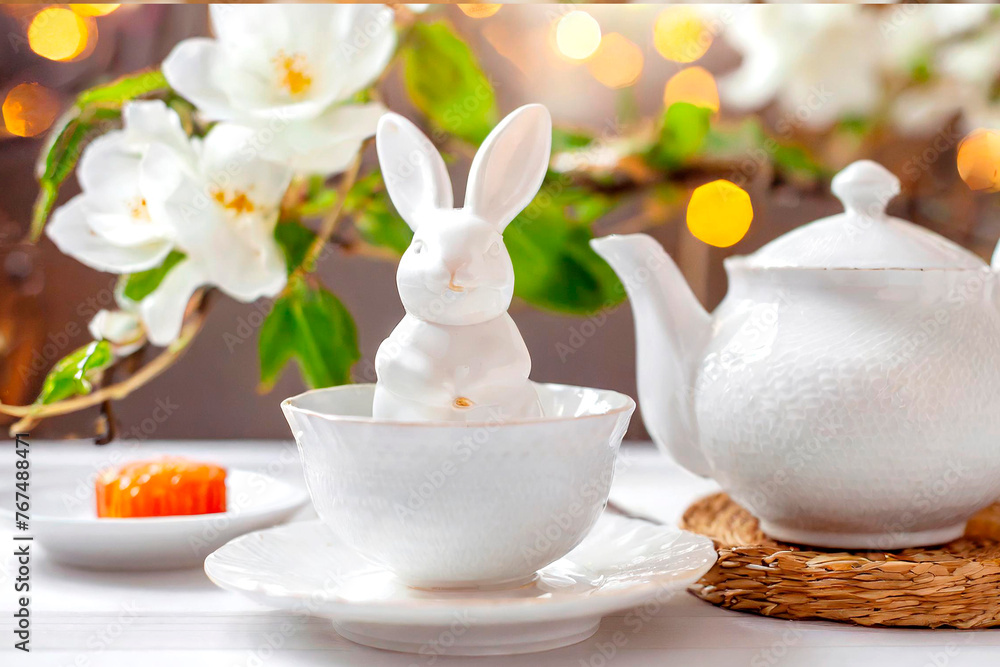 easter tea table decoration, porcelain rabbit, teapot, cups, generated with  AI 