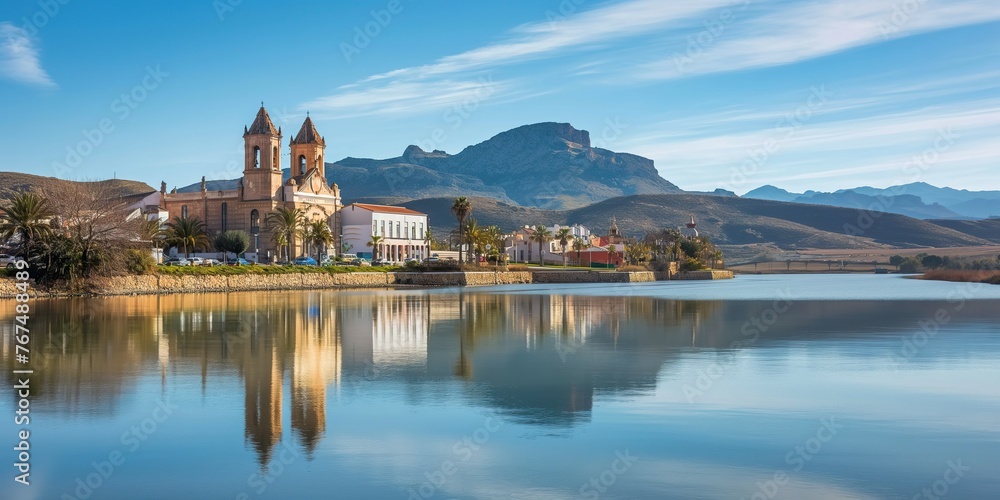 A large body of water surrounded by towering mountains in the stunning region of Murcia, Spain.