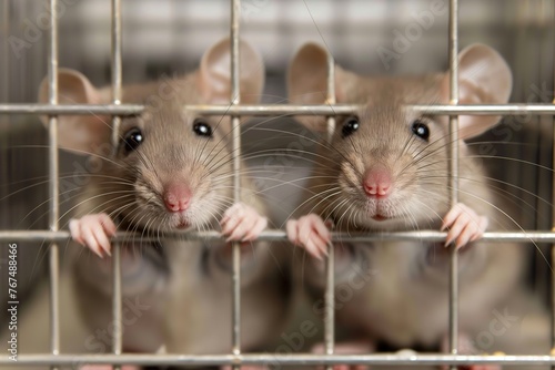 Two laboratory mice confined in a cage, gazing at the camera.