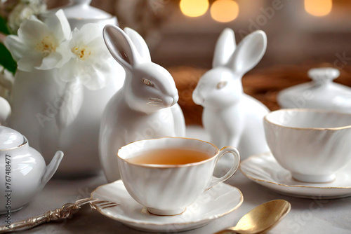 easter tea table decoration, porcelain rabbit, teapot, cups, generated with AI 