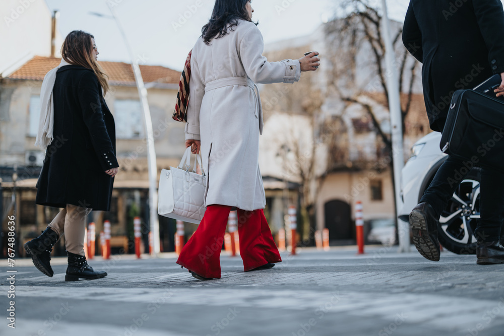 Obraz premium Winter business meeting outdoors with people walking and discussing strategy.