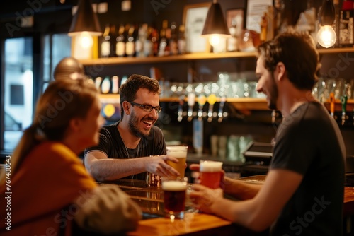 Men enjoying beers  socializing at bar.
