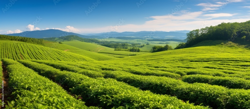 A breathtaking natural landscape with a lush green grassland, trees, and terrestrial plants on a slope, surrounded by mountains under a clear blue sky with fluffy white clouds