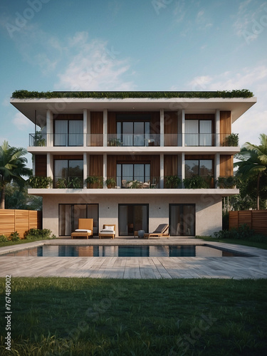Contemporary House with Hall and Balcony, Modern Living © Saktanong