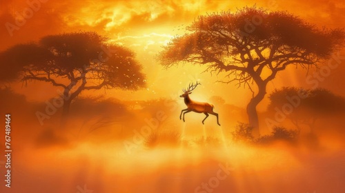  a painting of a deer standing in the middle of a forest with the sun shining through the trees behind it.