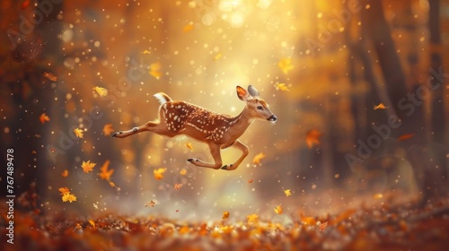  a deer leaping through the air in a forest with fall leaves on the ground and sunlight streaming through the trees.