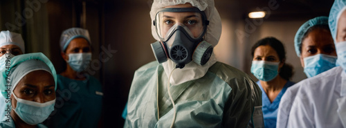 a young adult caucasian woman wearing an epidemic protection suit and a protective mask breathing mask and an overroll, air filter on the mask, doctor or nurse
