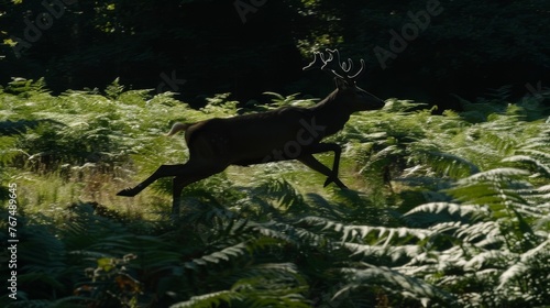  a deer walking through a lush green forest filled with tall grass and tall grass covered forest trees are in the background. © Olga