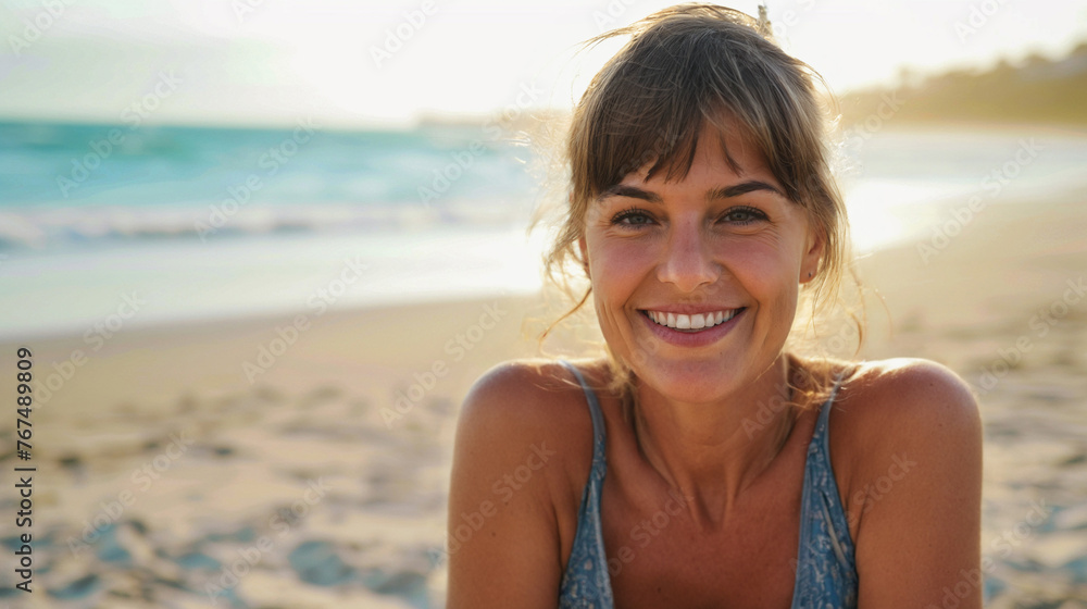 A mature adult Caucasian woman with slight red sunburn, wearing bikini, sitting on sand on the beach, smiling with good mood, happy on vacation on tropical island, age 40 to 60, fictional place A mature adult Caucasian woman with slight red sunburn, wearing bikini, sitting on sand on the beach, smiling with good mood, happy on vacation on tropical island, age 40 to 60, fictional place