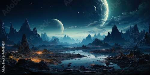 A dark planet with deep lakes from the ether, as a reflection of the world of dreams in the bott photo