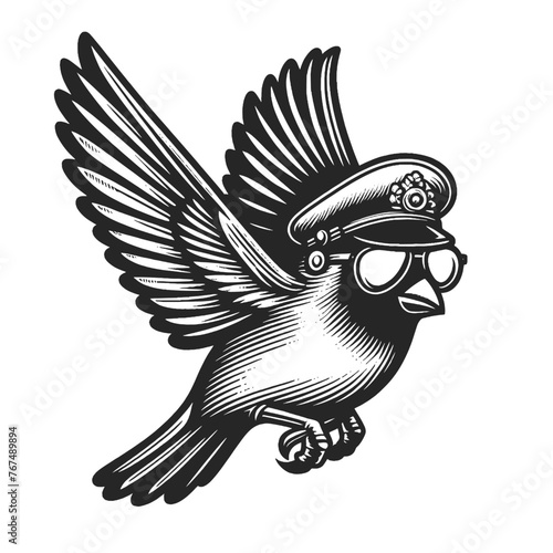 bird with pilot hat and sunglasses in flight sketch engraving generative ai fictional character vector illustration. Scratch board imitation. Black and white image.