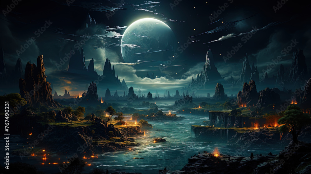 Obraz premium A planet with huge waterfalls from the world, like a sign of good omen in the Univers