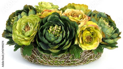  a bunch of green and yellow flowers are in a wicker basket on a white background, with a white background.