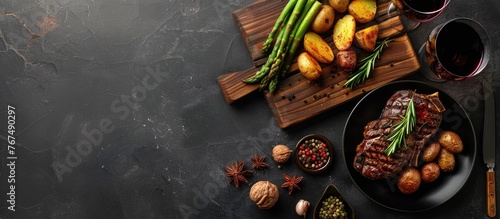 Steak served with baked potatoes and asparagus on a wooden board, accompanied by wine and spices, shown from above with room for text.