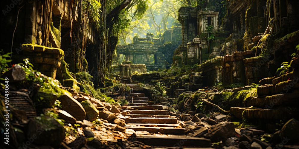 Naklejka premium Hiding ancient secrets of jungle with wood temples and ruins, like an arena for archaeological d