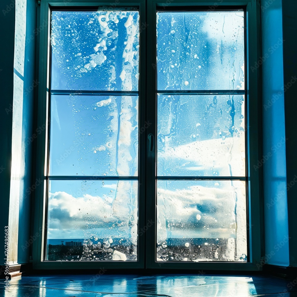 View of the window with water droplets on it and the sky View of the window with water droplets on it and the sky