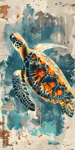 An artwork depicting various species of sea turtles like Hawksbill, Loggerhead, Olive ridley, and Kemps ridley swimming gracefully underwater photo