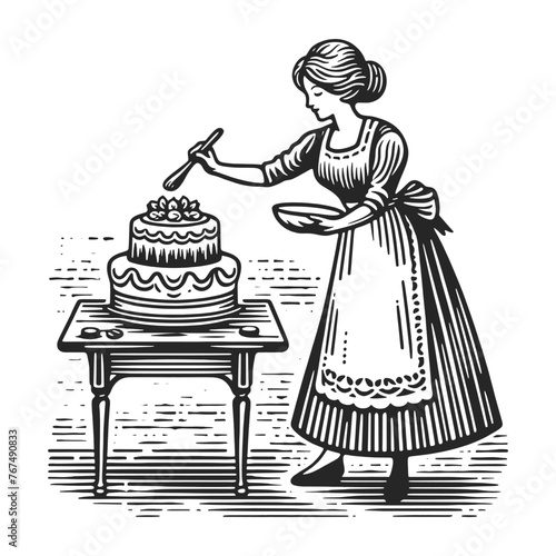 Woman confectioner cake baking hand-icing kitchen utensils and ingredients. Sketch line art engraving generative ai vector illustration. Scratch board imitation. Black and white image.