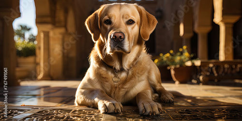 The golden labrador guarding the courtyard of his house, like a reliable guard of orde