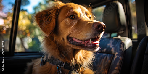 The golden labrador sitting in the back seat of the car and peering out the window with interes