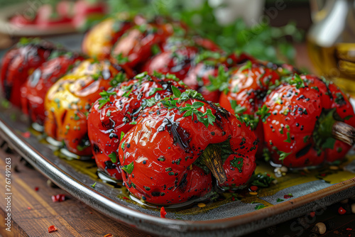 A platter of roasted red peppers is drizzled with olive oil and sprinkled with fragrant herbs, creating a mouthwatering appetizer. Concept of Mediterranean cuisine and culinary. Generative Ai.