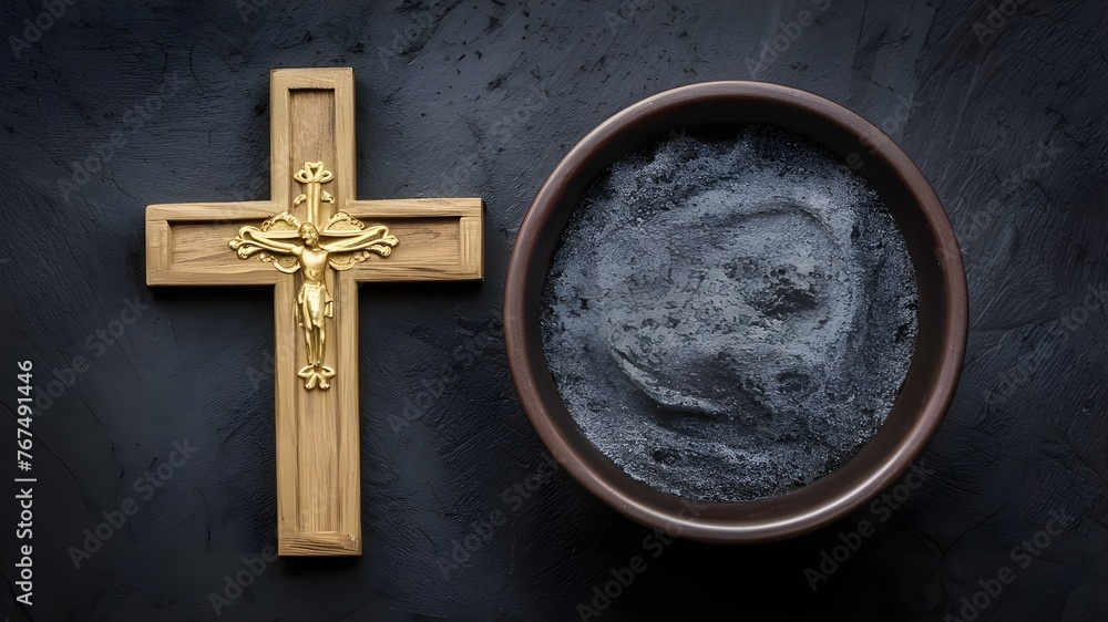 Ash Wednesday Concept: Bowl with Ash and Holy Cross