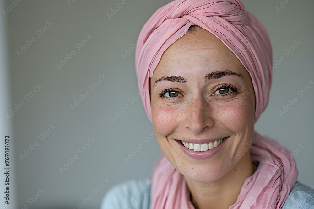 Symbol of Hope and Resilience: Smiling Cancer Patient in Pink Headscarf after Chemotherapy Treatment. Concept Cancer Survivor, Pink Headscarf, Hopeful Smile, Resilience Portrait Symbol of Hope and Resilience: Smiling Cancer Patient in Pink Headscarf after Chemotherapy Treatment. Concept Cancer Survivor, Pink Headscarf, Hopeful Smile, Resilience Portrait