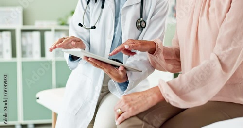 Tablet, hands and doctor with patient for consultation in hospital with medical research. Digital technology, discussion and closeup of healthcare worker explaining diagnosis to woman in clinic.