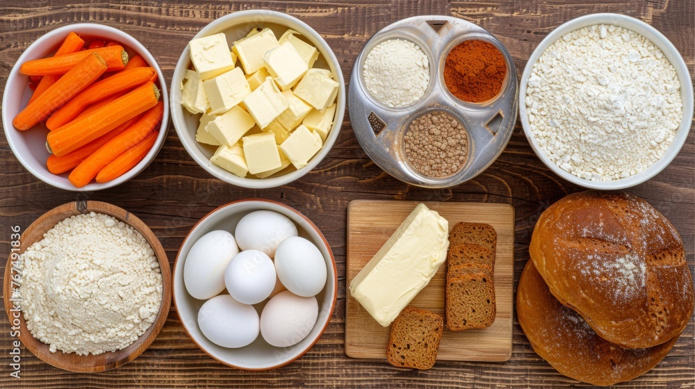 a table topped with bowls of food next to a cutting board with eggs, carrots, bread, and cheese. a table topped with bowls of food next to a cutting board with eggs, carrots, bread, and cheese.