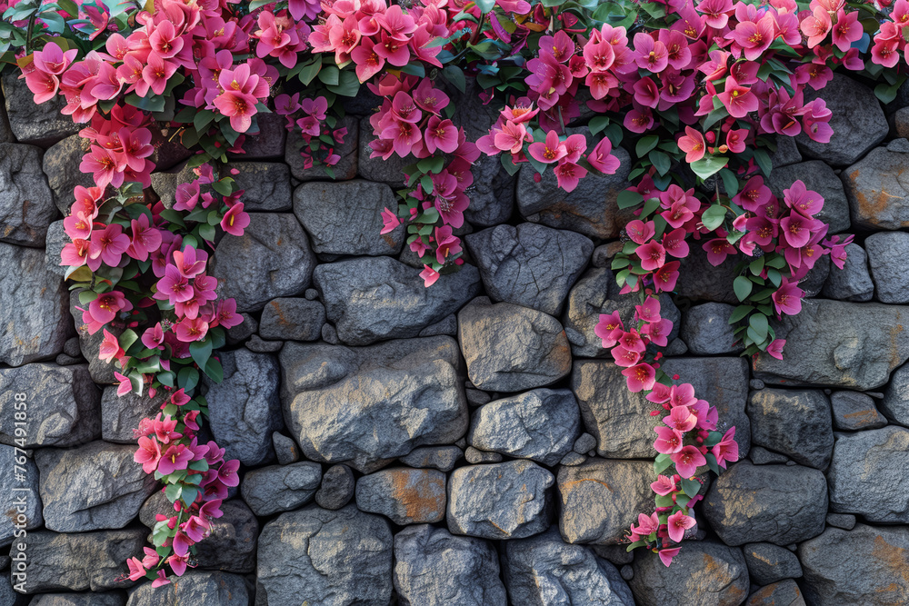 A tangle of vibrant bougainvillea cascades down a weathered stone wall, their brilliant blooms adding a splash of tropical color to the scene. Concept of exotic allure and lush. Generative Ai.