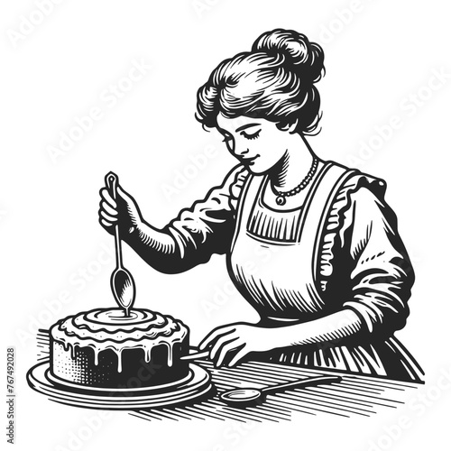 Woman confectioner cake baking hand-icing kitchen utensils and ingredients. Sketch line art engraving generative ai vector illustration. Scratch board imitation. Black and white image.