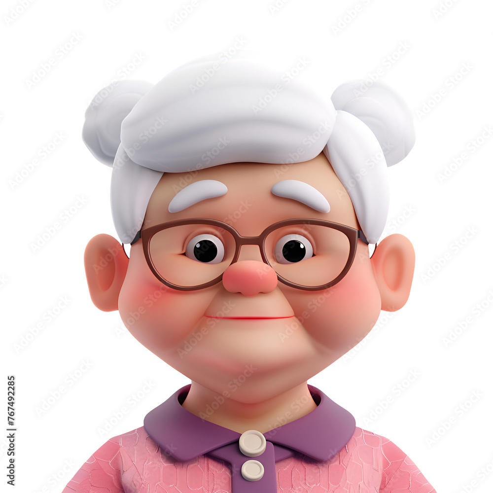 Simple Cartoon 3D Illustration of Cute Old Woman Avatar as a Design Element, Isolated on Transparent Background, PNG