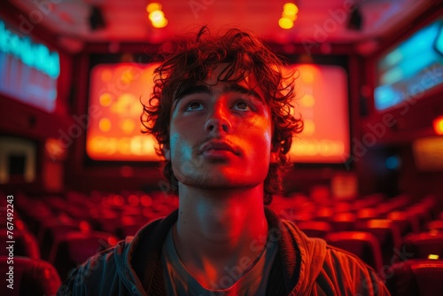 A young man is seated in a movie theater, gazing up at the screen in darkness. Flash photography, lighting, and performing arts create a mesmerizing event, showcasing music artists in magenta hues