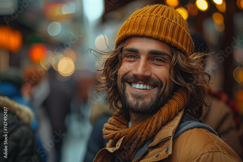 A bustling city street, with one person smiling brightly while another walks with a heavy heart, lost in thought. Concept of contrast between joy and sorrow in urban life. Generative Ai.