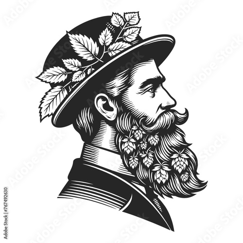 Man with hops cones plant in beard sketch engraving generative ai fictional character vector illustration. Scratch board imitation. Black and white image.